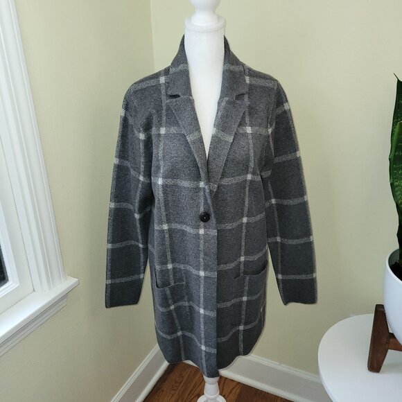 NWT J. Jill Wearever Windowpane Sweater Jacket Gray W/White Knit Women's Size S - Picture 2 of 14